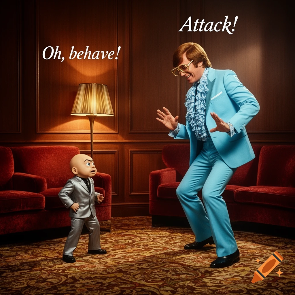 Austin Powers in a blue suit facing Mini-Me in a silver suit in a fancy room, with 'Oh, behave!' and 'Attack!' captions.