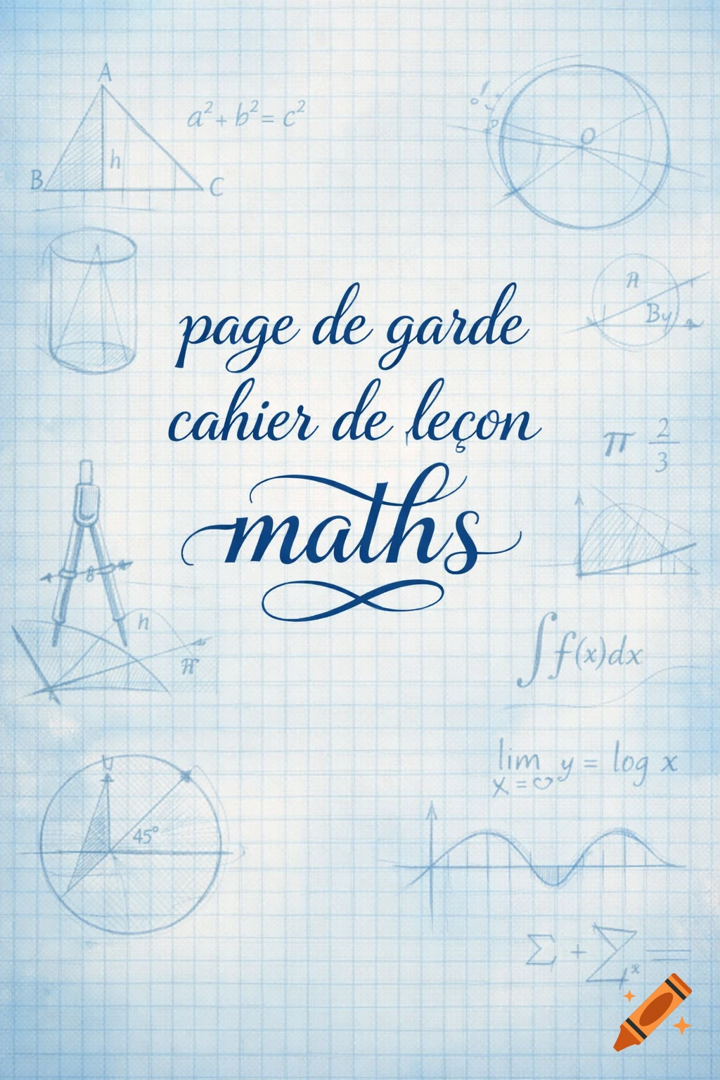 Blue grid paper notebook cover with various mathematical diagrams and equations sketched in blue, and the French text "page de garde cahier de le r on maths" in a decorative dark blue script.
