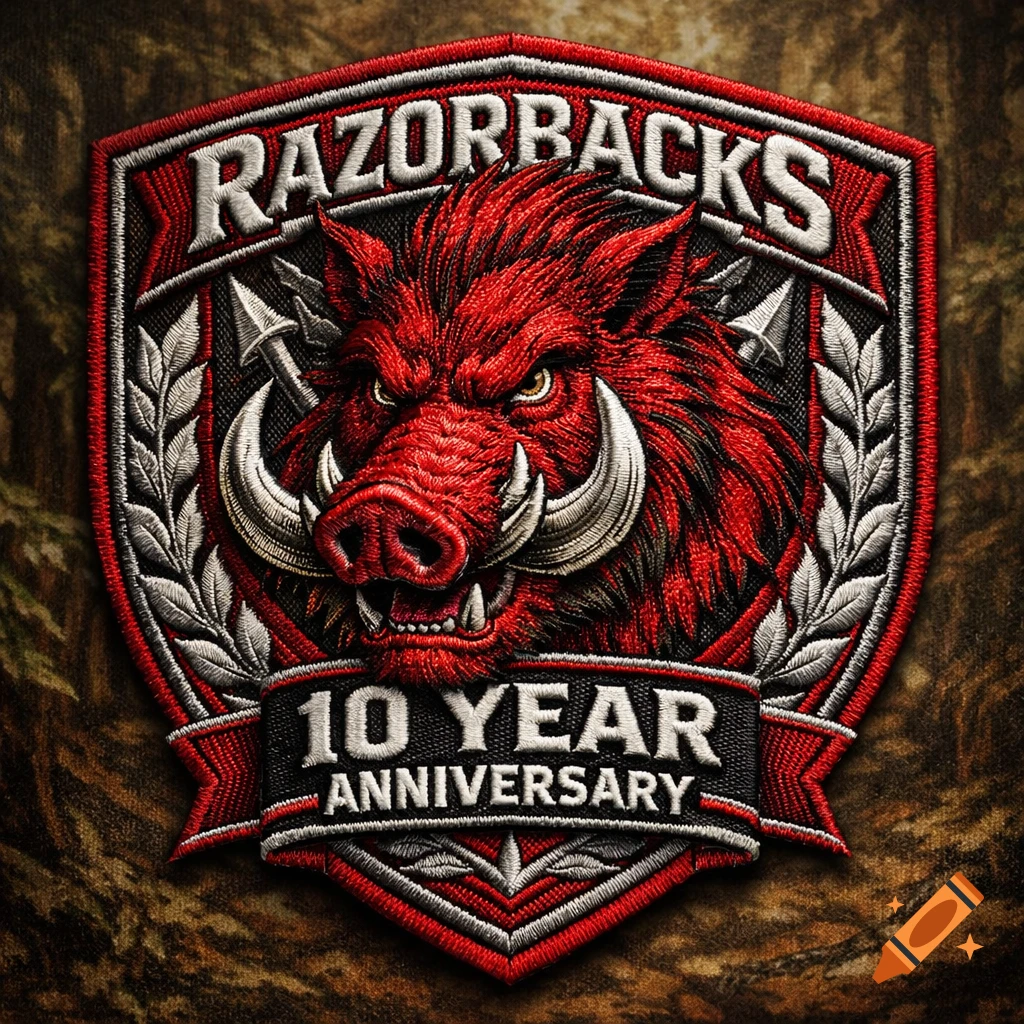 Detailed embroidered patch of a red wild boar head with tusks, text "RAZORBACKS" and "10 YEAR ANNIVERSARY".