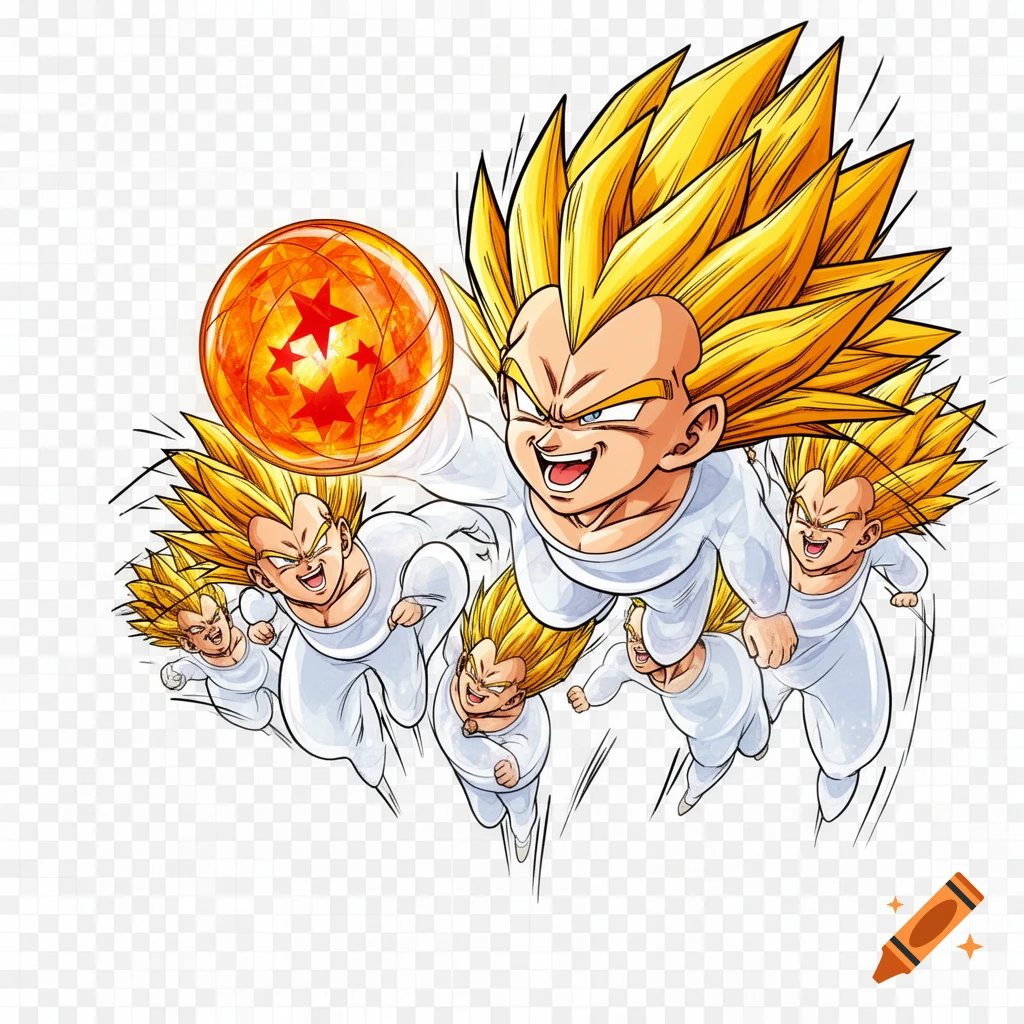 Multiple stylized Super Saiyan-like characters with golden spiky hair and white outfits float around an orange three-star Dragon Ball in a dynamic 90s anime style.