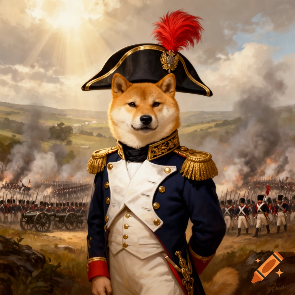 Shiba Inu dog in a blue and white Napoleonic general's uniform with a bicorne hat, standing before a smoky battlefield.