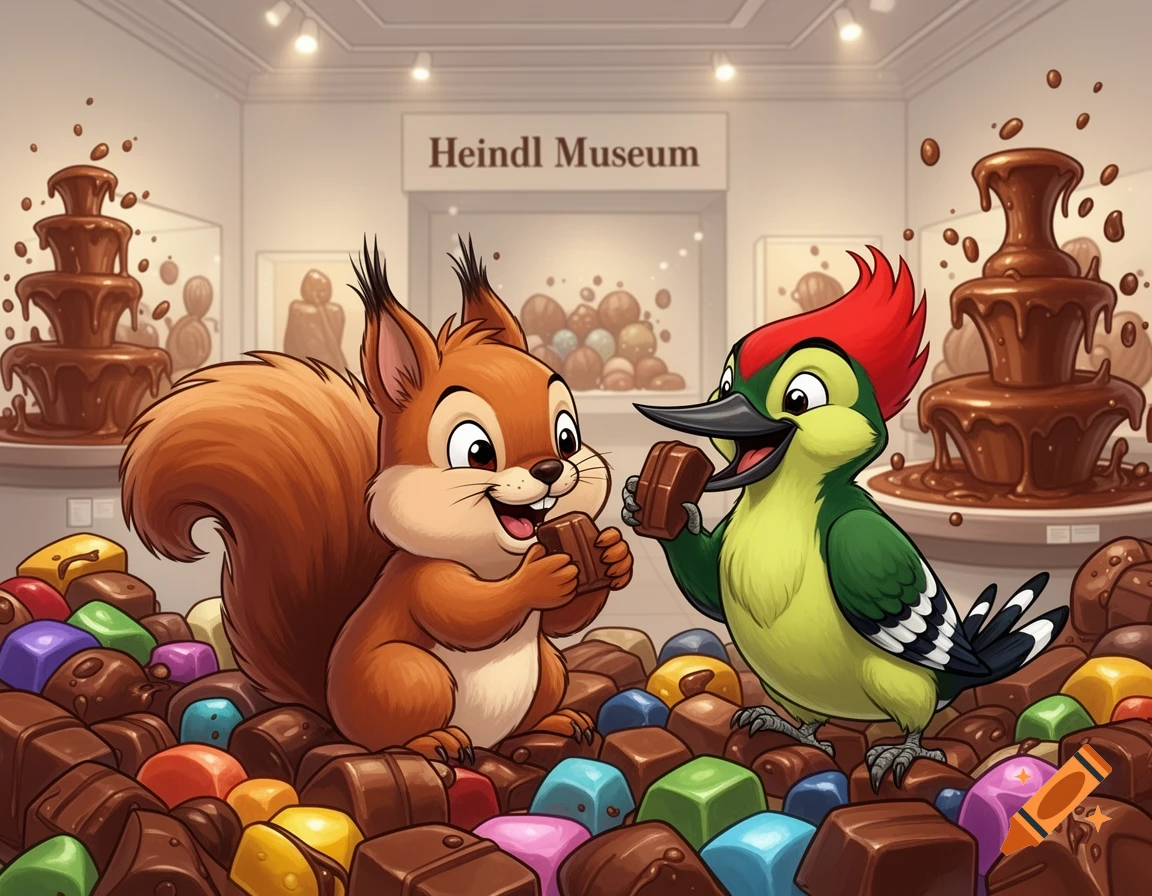 Cute cartoon squirrel and woodpecker happily eating chocolates in a chocolate museum with chocolate fountains.