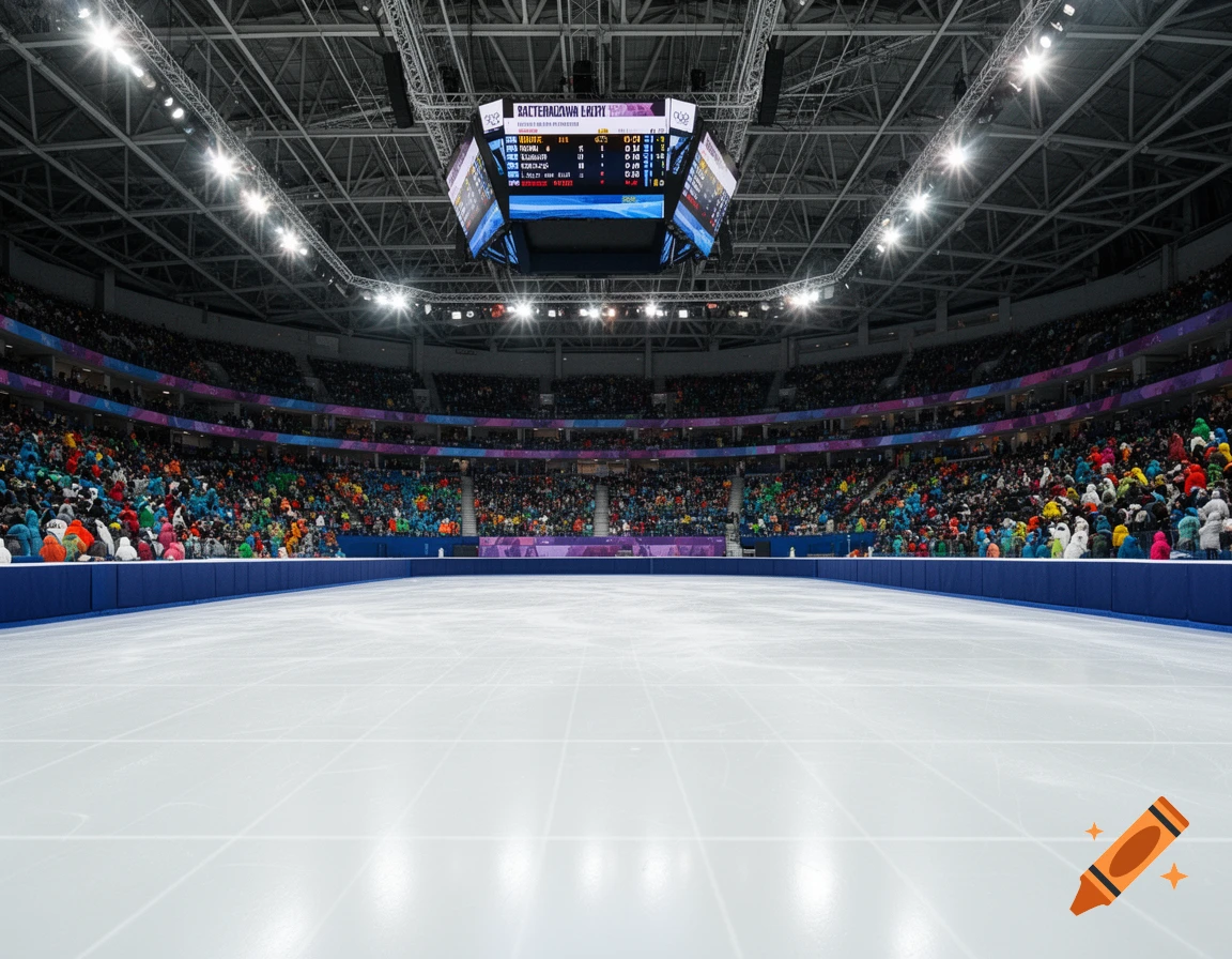 A photorealistic shot of a brightly lit ice skating rink inside a large arena, filled with spectators.