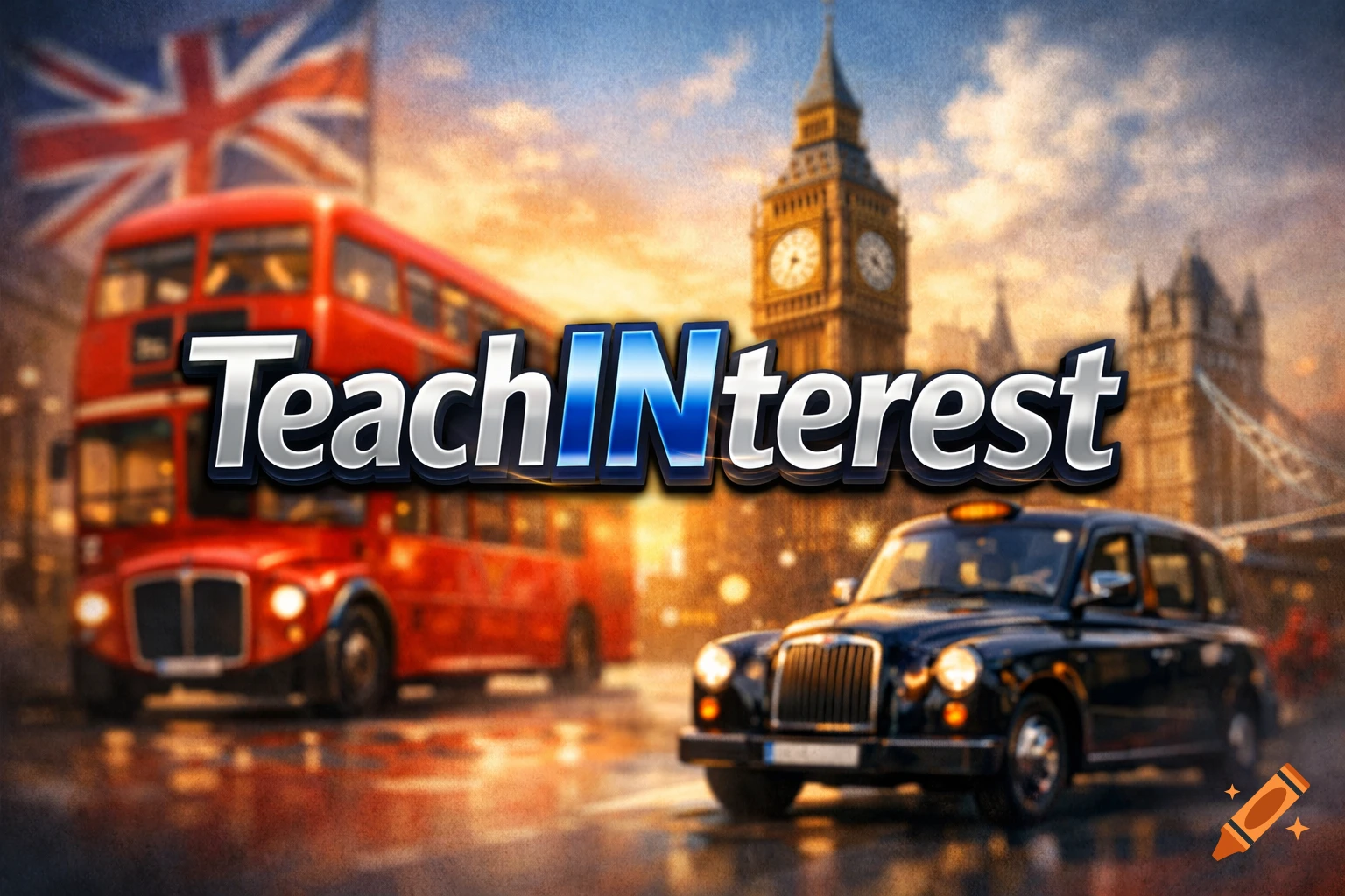 Digital painting of a London street with a red double-decker bus, black cab, Big Ben, Tower Bridge, and Union Jack. Text: TeachINterest.