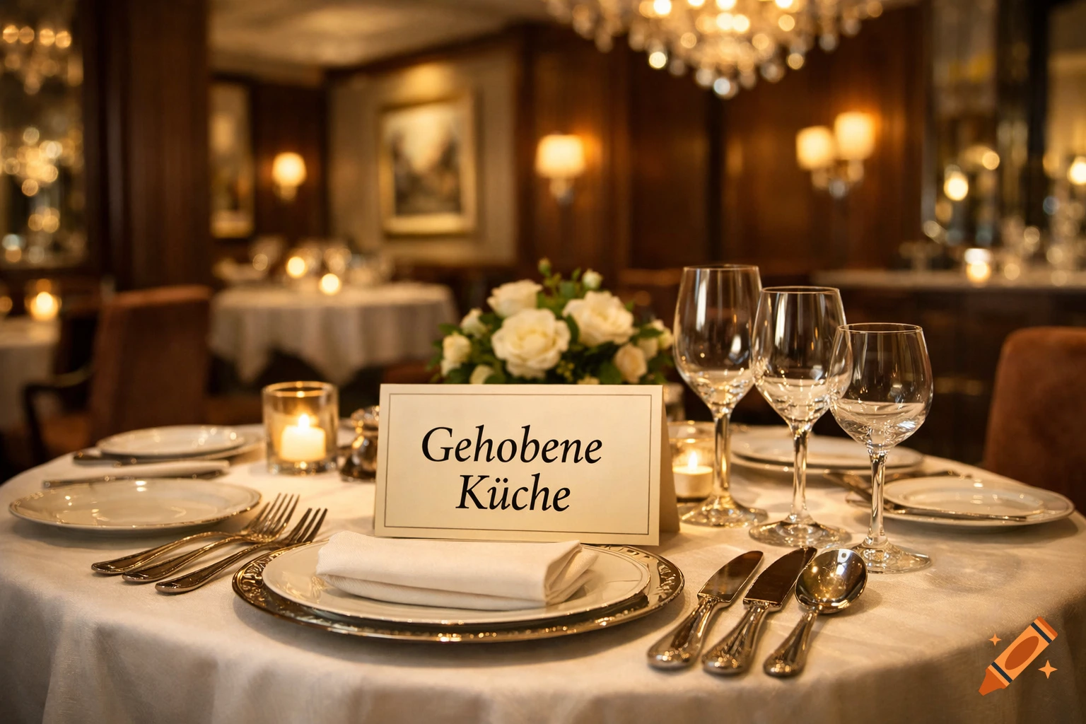 A beautifully set table in an upscale restaurant with white roses, candles, and silverware, featuring a sign that reads 'Gehobene Küche'.