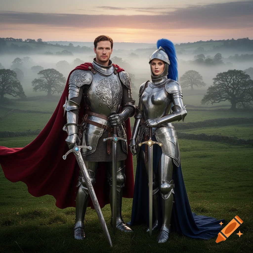 A knight couple in ornate armor and capes stands in a misty field holding swords, with a sunset sky in the background.