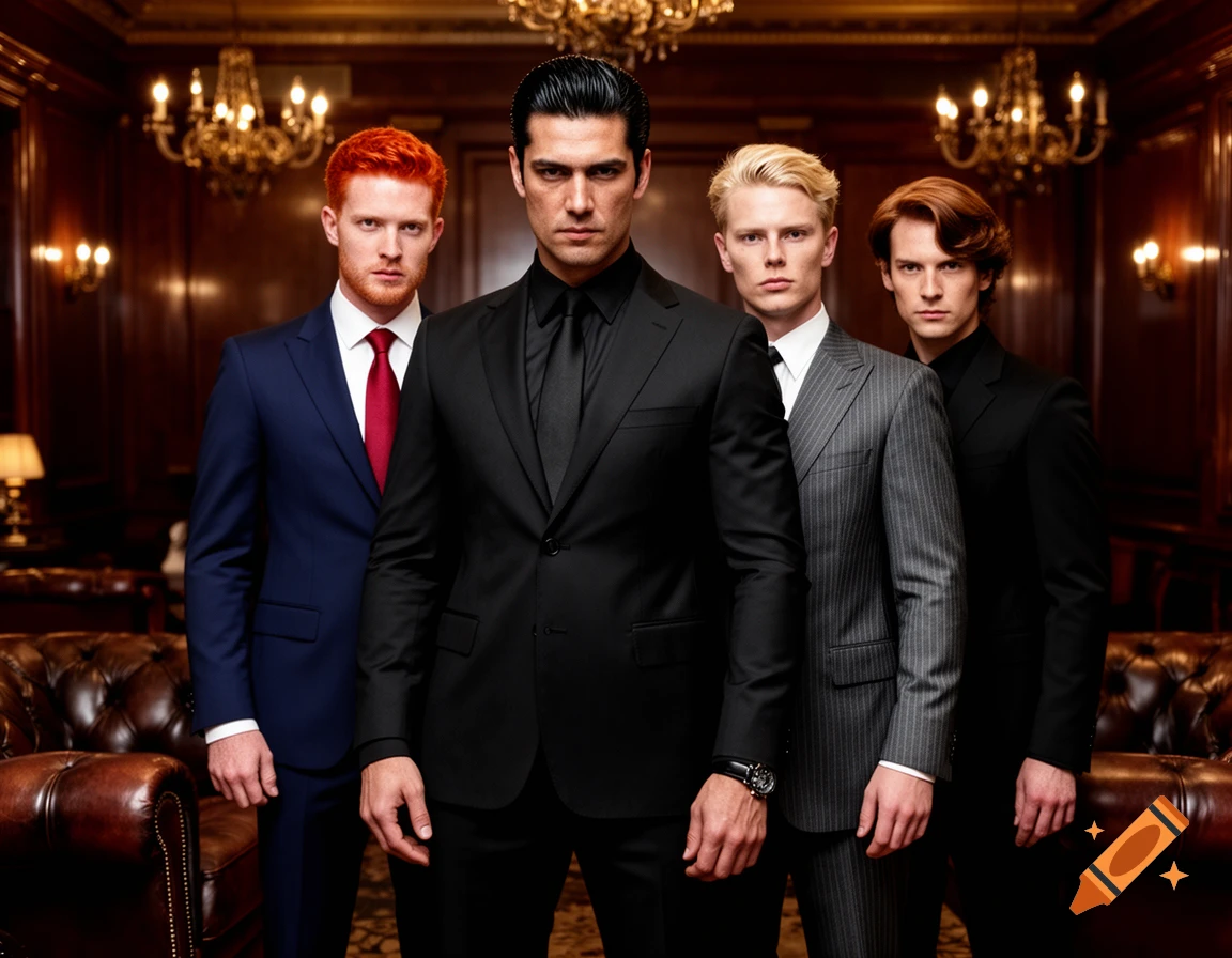 Four sharply dressed men in suits, including a black-haired man in black, stand in an opulent room with chandeliers.
