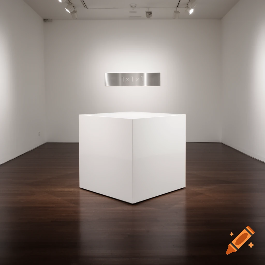 A minimalist art installation with a white cube on a wooden floor, and a metallic plaque with "1x1x1" on a white wall in a gallery.