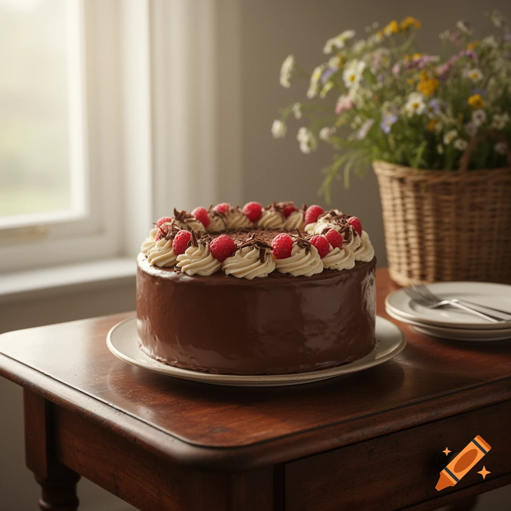 A rich chocolate cake topped with whipped cream swirls and fresh raspberries sits on a wooden table. A window and flowers are in the background.