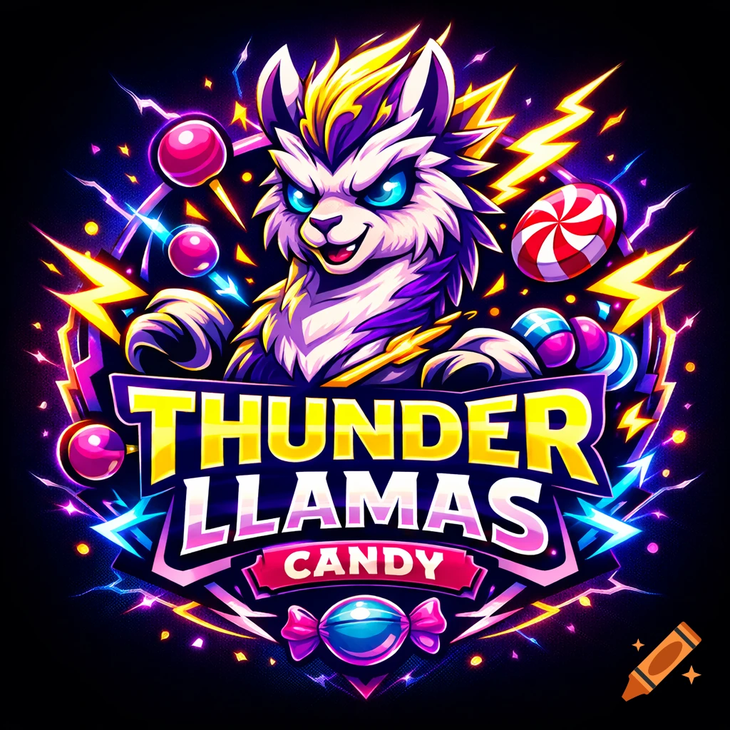 A vibrant esports logo for 'Thunder Llamas Candy' featuring a stylized llama with lightning, glowing eyes, and candy in neon electric colors.