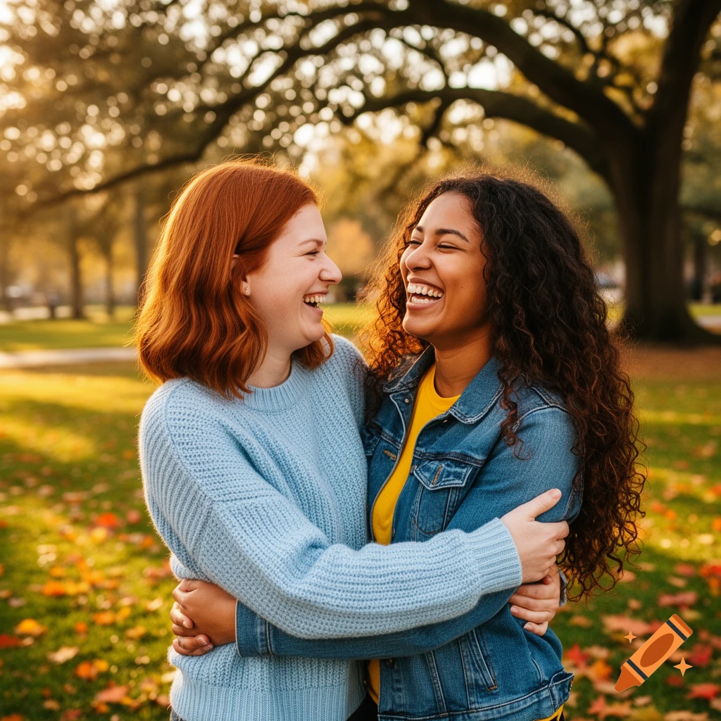 Two young women with different hair colors hugging and laughing in a sunlit park with autumn leaves.