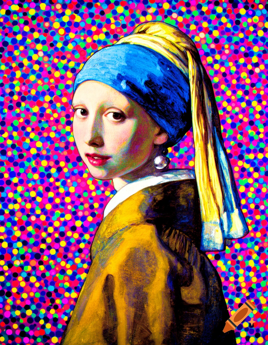 Pop art rendition of Vermeer's Girl with a Pearl Earring with a vibrant polka dot background.