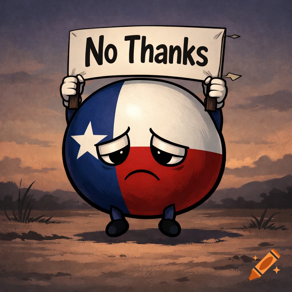 A sad, anthropomorphic Texas flag orb with hands and feet holds a sign saying 'No Thanks' in a desert landscape, cartoon style.