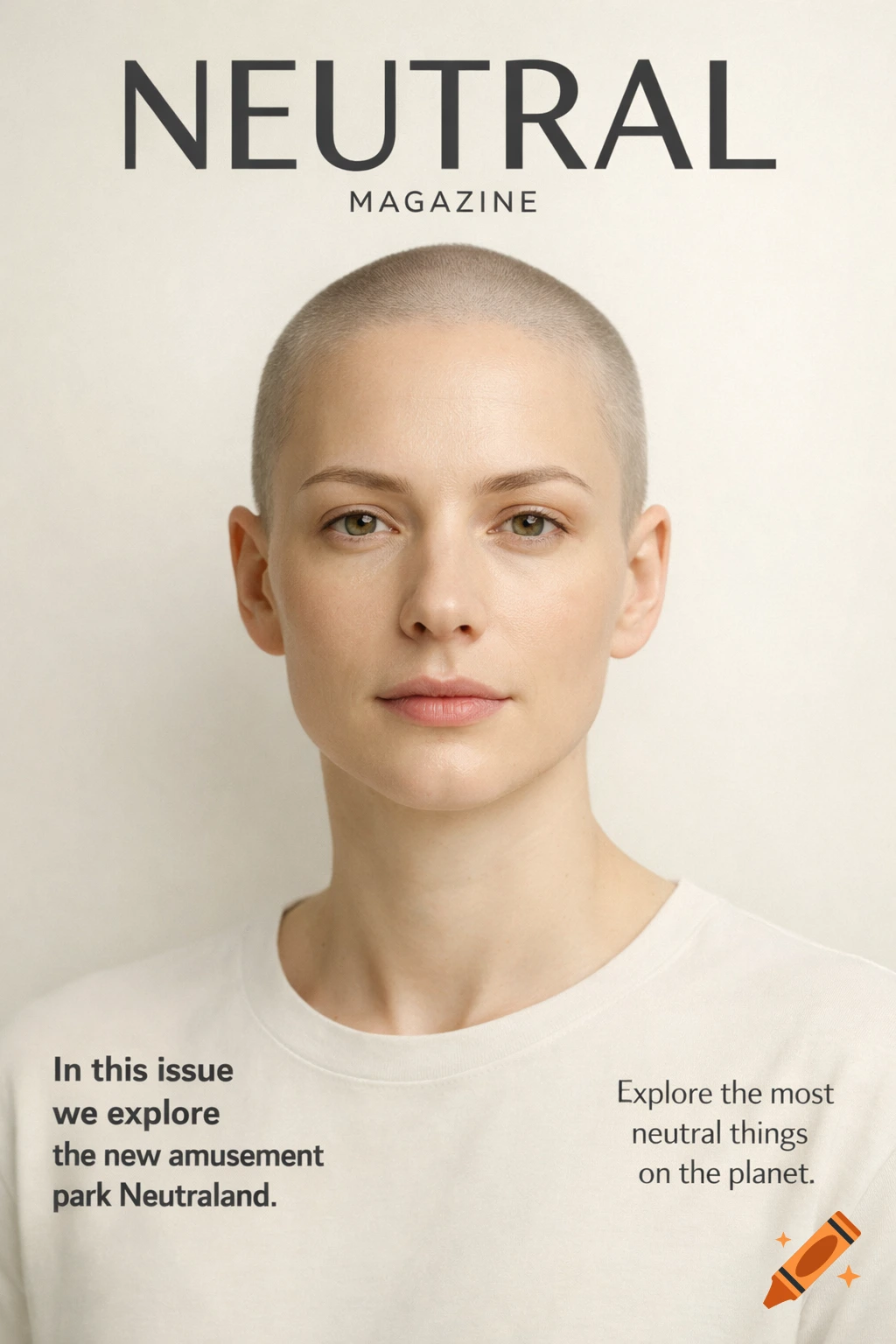 A minimalist magazine cover titled "NEUTRAL MAGAZINE" features a close-up portrait of a woman with a shaved head and neutral expression.