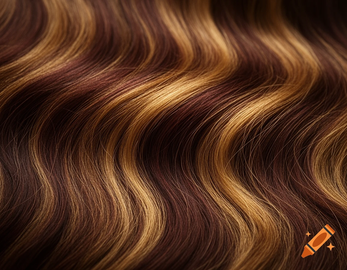 Close-up of wavy, brown hair with warm blonde highlights flowing in a textured pattern.