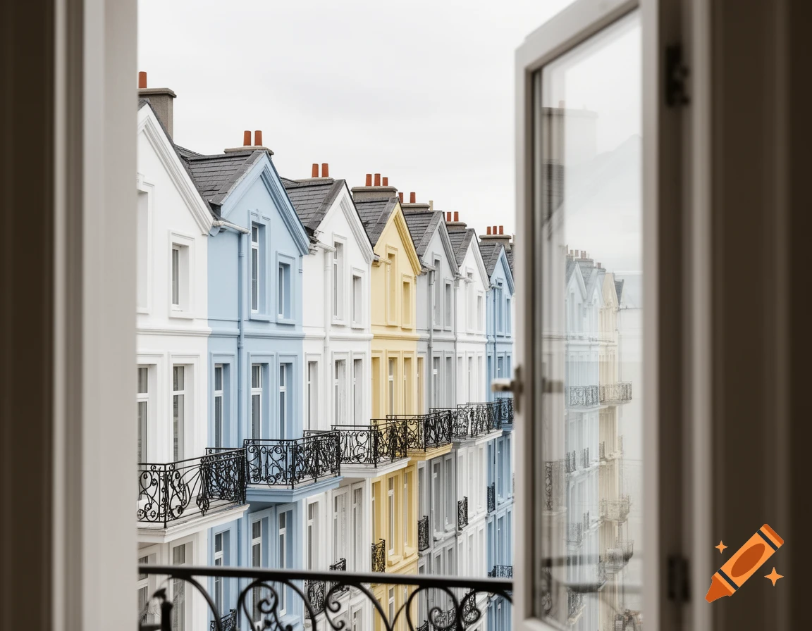 A photorealistic image of a row of colorful terraced houses, each with balconies, viewed from an open window.
