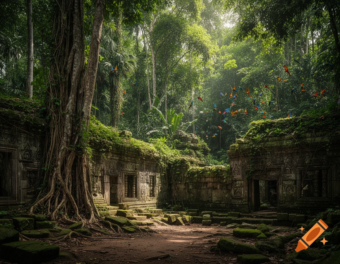 Ancient stone ruins covered in moss and a huge tree's roots in a sunlit jungle, with colorful birds flying.