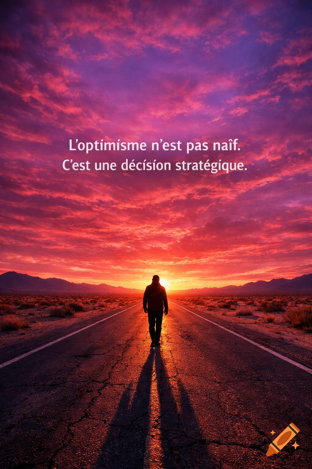 A silhouette walks on a desert road towards a vibrant pink and purple sunset. An inspirational French quote reads, 'Optimism is not naive. It's a strategic decision.'