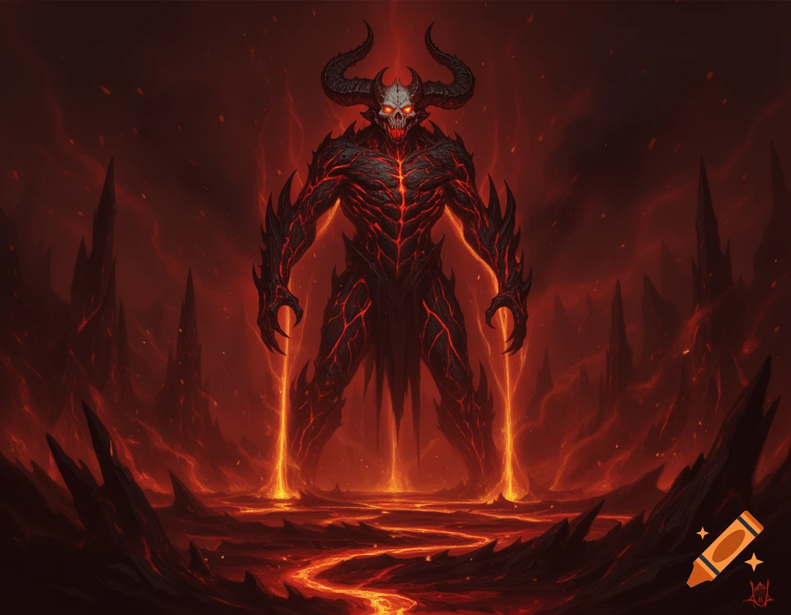 A horned demon with glowing red eyes and a cracked, lava-infused body stands in a hellish landscape with rivers of lava and jagged rocks.