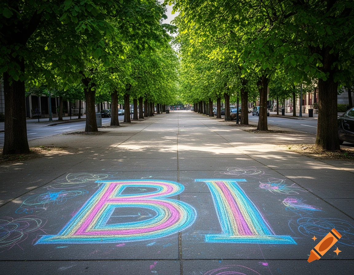 Colorful chalk art spelling 'BI' on a paved sidewalk lined with lush green trees on a sunny day.