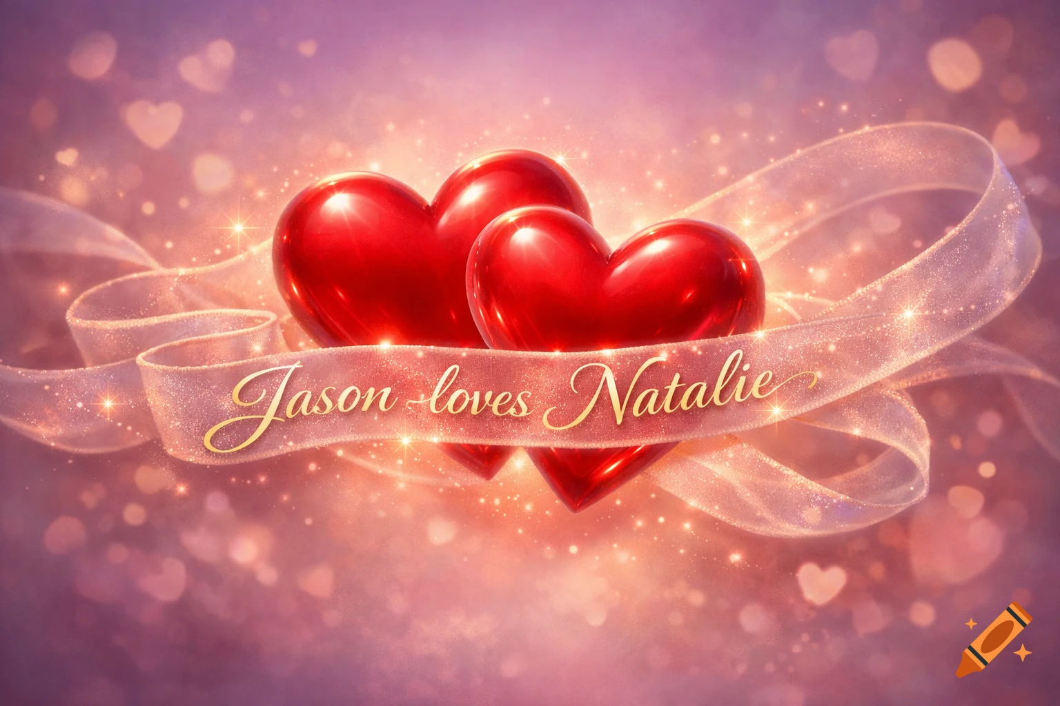 Two glossy red hearts intertwined with a shimmering ribbon displaying "Jason loves Natalie" on a glowing pink bokeh background.