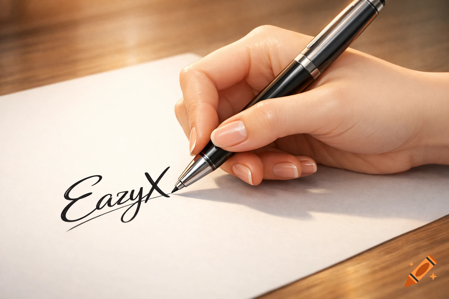 Close-up of a hand writing 'EazyX' with a black pen on a white paper on a wooden desk.