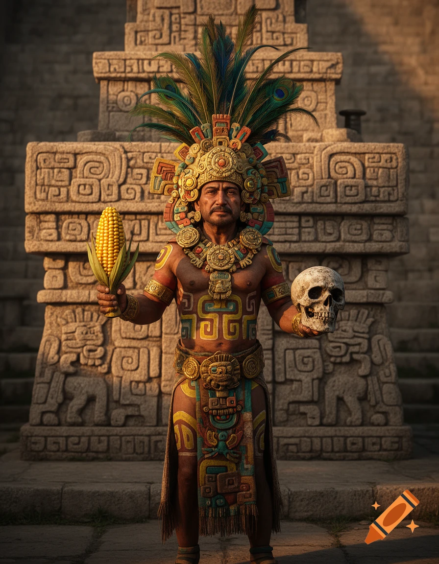 Photorealistic image of an Aztec figure in a feathered headdress, holding a corn cob and a skull, standing before a stone temple.
