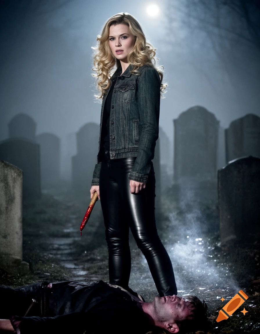 A blonde woman in a denim jacket and leather pants holds a bloodied wooden stake, standing over a man lying in a dark, misty graveyard.