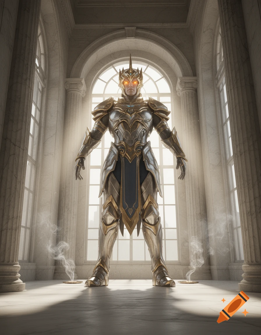 Majestic figure in ornate golden and silver armor with glowing eyes stands in a sunlit grand hall with tall arched windows.
