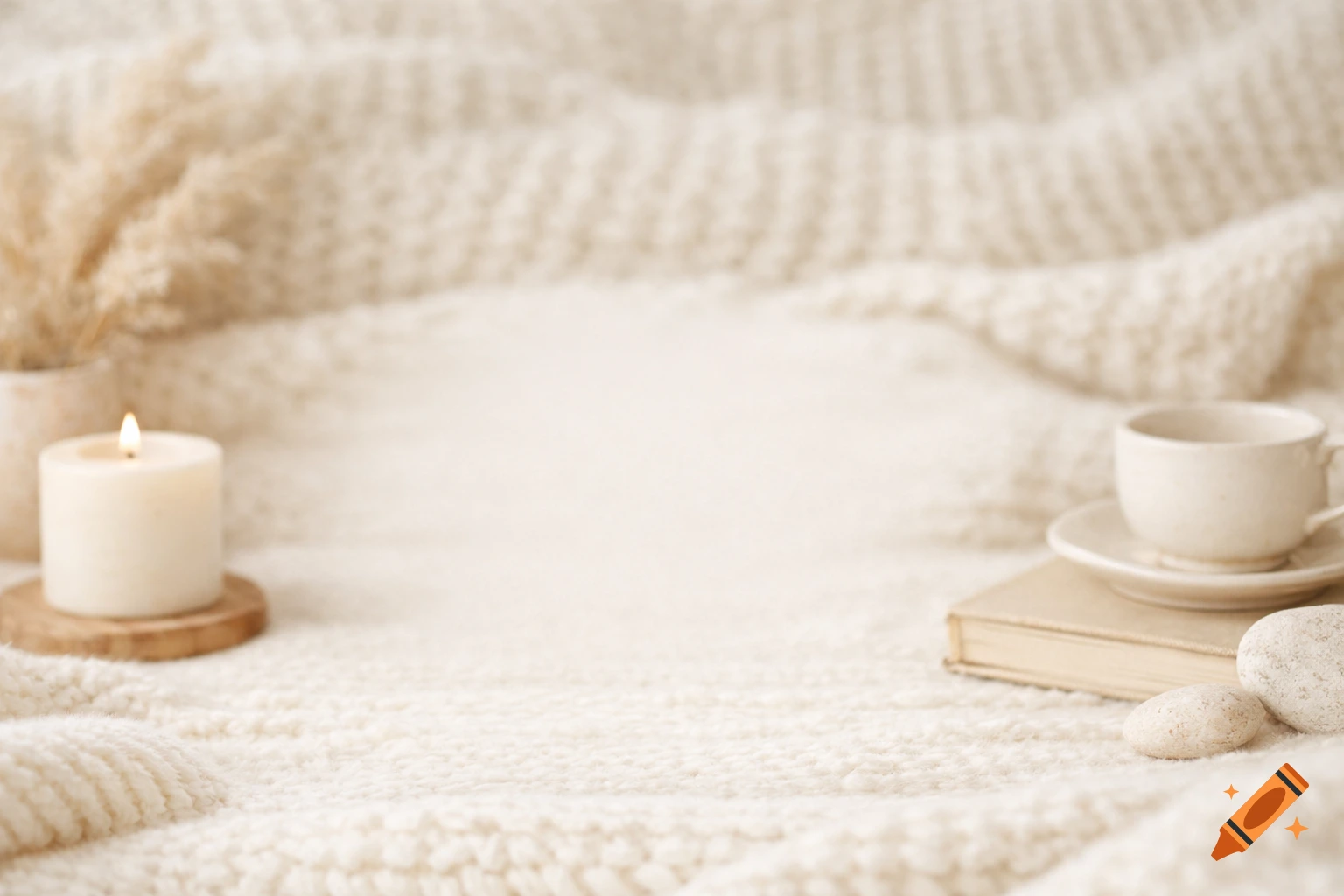 A cozy still life on a cream knit blanket featuring a lit candle, dried grass, a coffee cup, and a book.
