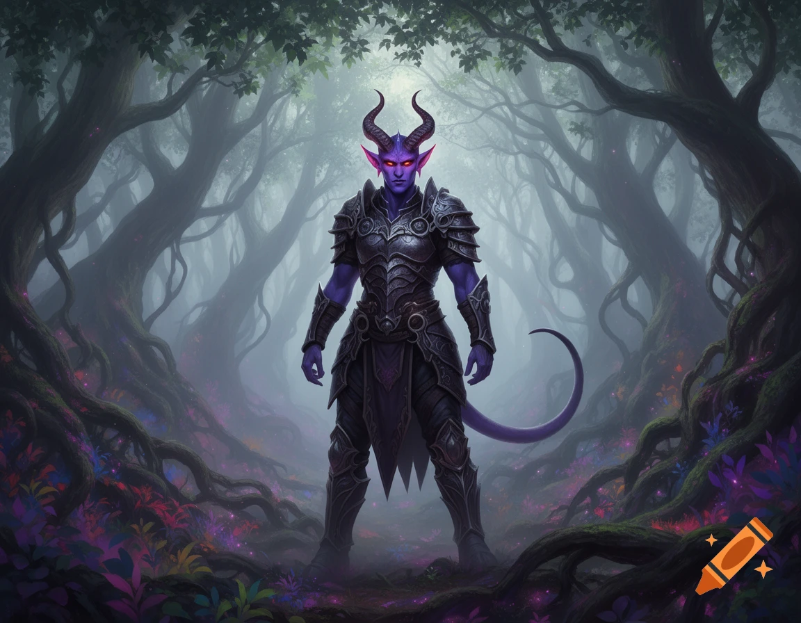 An armored, purple-skinned Tiefling with red eyes and horns stands in a ...