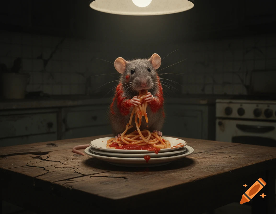 A photorealistic rat, smeared with red tomato sauce, eats spaghetti ...