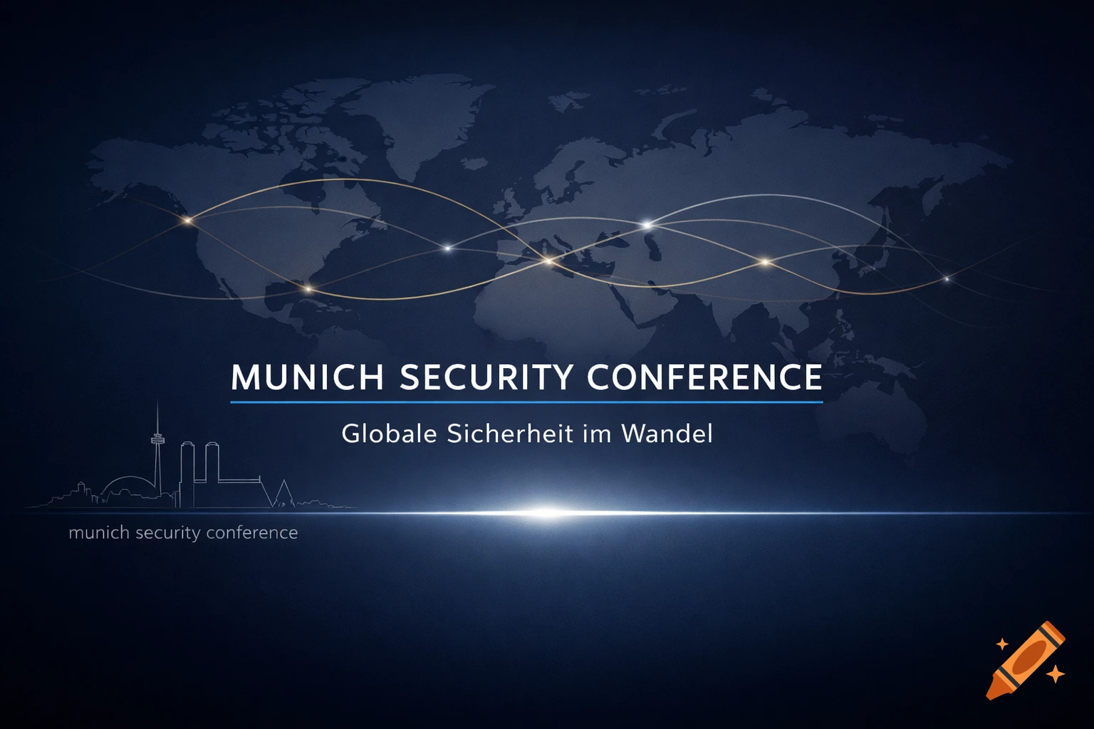 A dark blue graphic for the Munich Security Conference with a world map, city skyline, and bright horizon line.