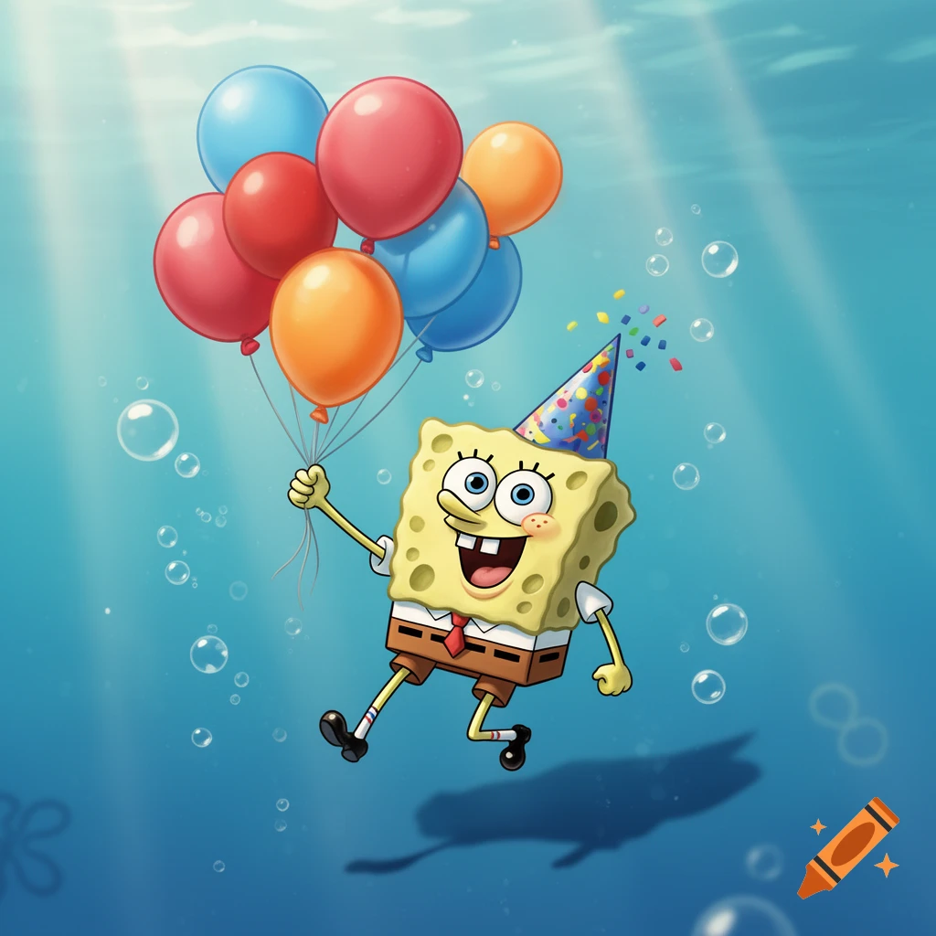 SpongeBob SquarePants character wearing a party hat, holding colorful balloons, and floating happily underwater.