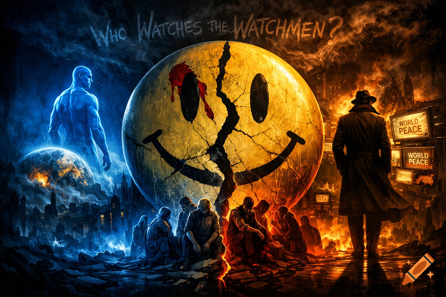 A dark, symbolic digital painting split in blue and orange, featuring a cracked smiley face, a blue glowing figure, a trench-coat man, and small human silhouettes. Text reads "Who Watches the Watchmen?" and "WORLD PEACE" on screens.