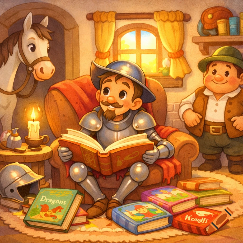 A cartoon knight in armor reads a book in a cozy room filled with books, as a horse and a companion watch him. Warm, expressive storybook style.