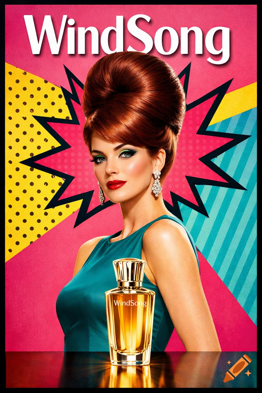 A woman with a large beehive hairdo, teal dress, and bold makeup holds a gold WindSong perfume bottle against a vibrant pop art background.