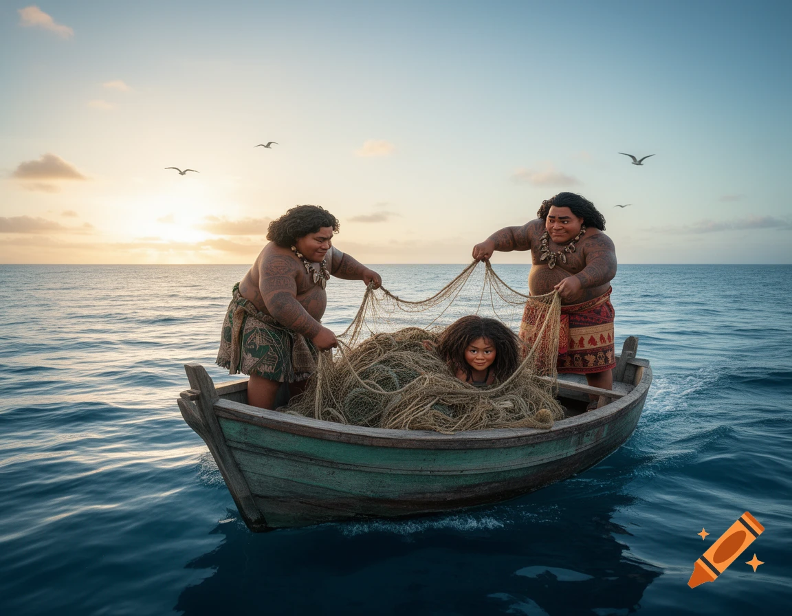 Two Polynesian men in a boat pull a fishing net from which a child's face peeks out, at sunrise on the ocean.