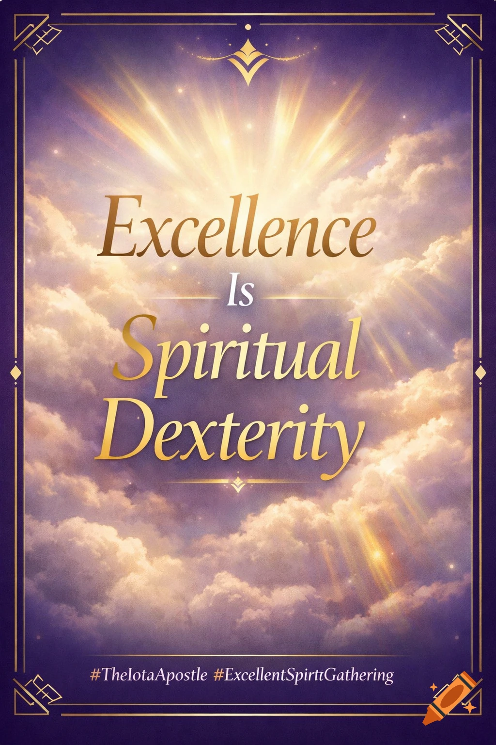 Inspirational flyer with gold text 'Excellence Is Spiritual Dexterity' on a background of glowing clouds in a purple sky, framed by gold.