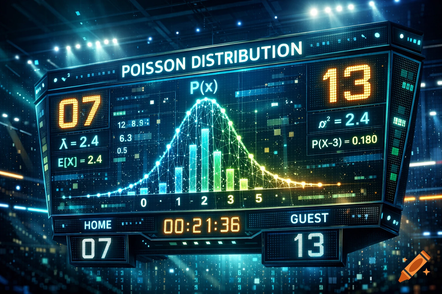 A vibrant digital scoreboard in a futuristic sports arena displays a Poisson distribution graph for score predictions, with glowing numbers.