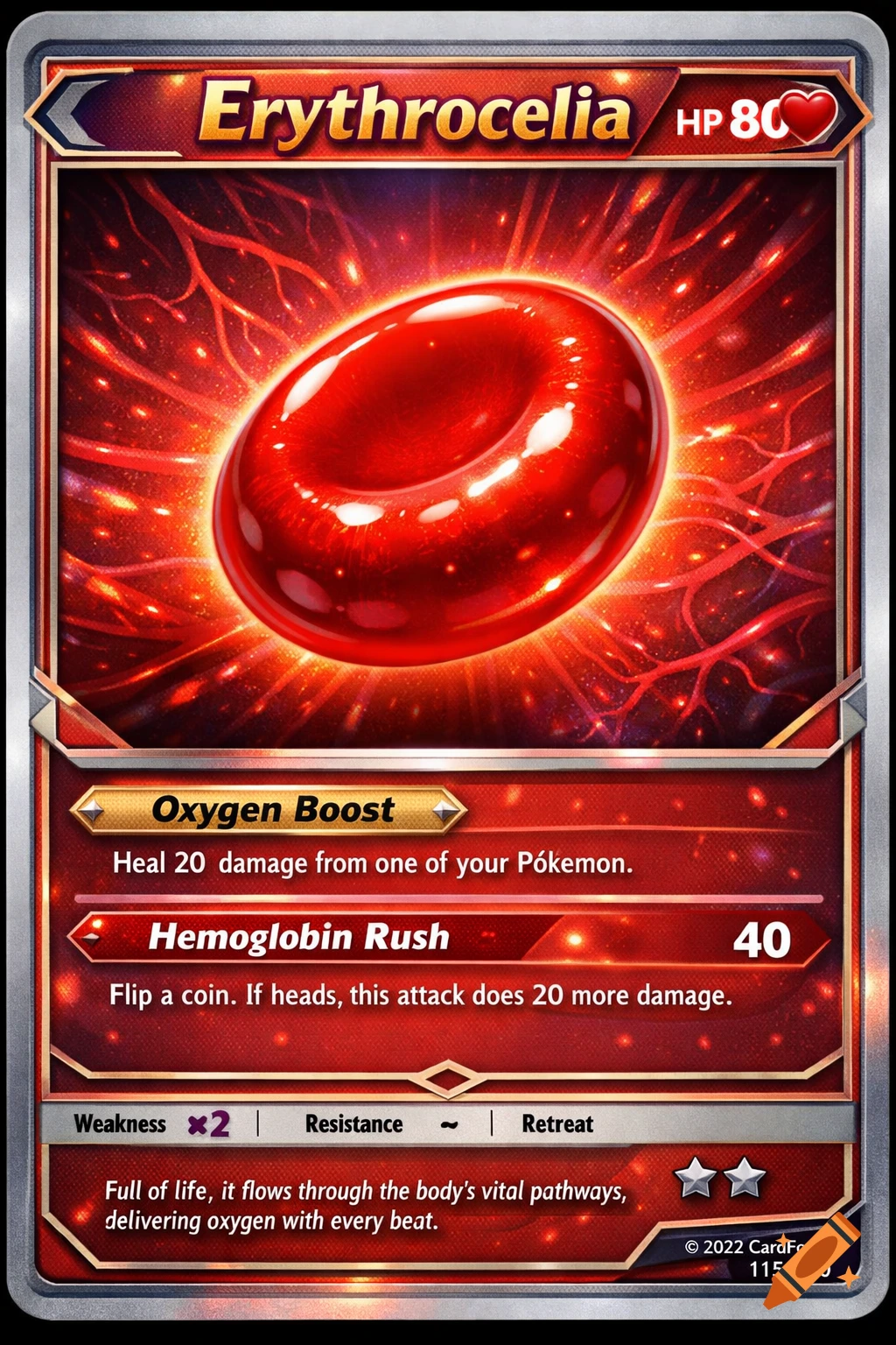 A red and silver trading card featuring a large, glowing red blood cell at its center, with radiating red veins in the background. The card is titled "Erythrocelia" with "HP 80" and includes text for "Oxygen Boost" and "Hemoglobin Rush" attacks, along with flavor text and card details.