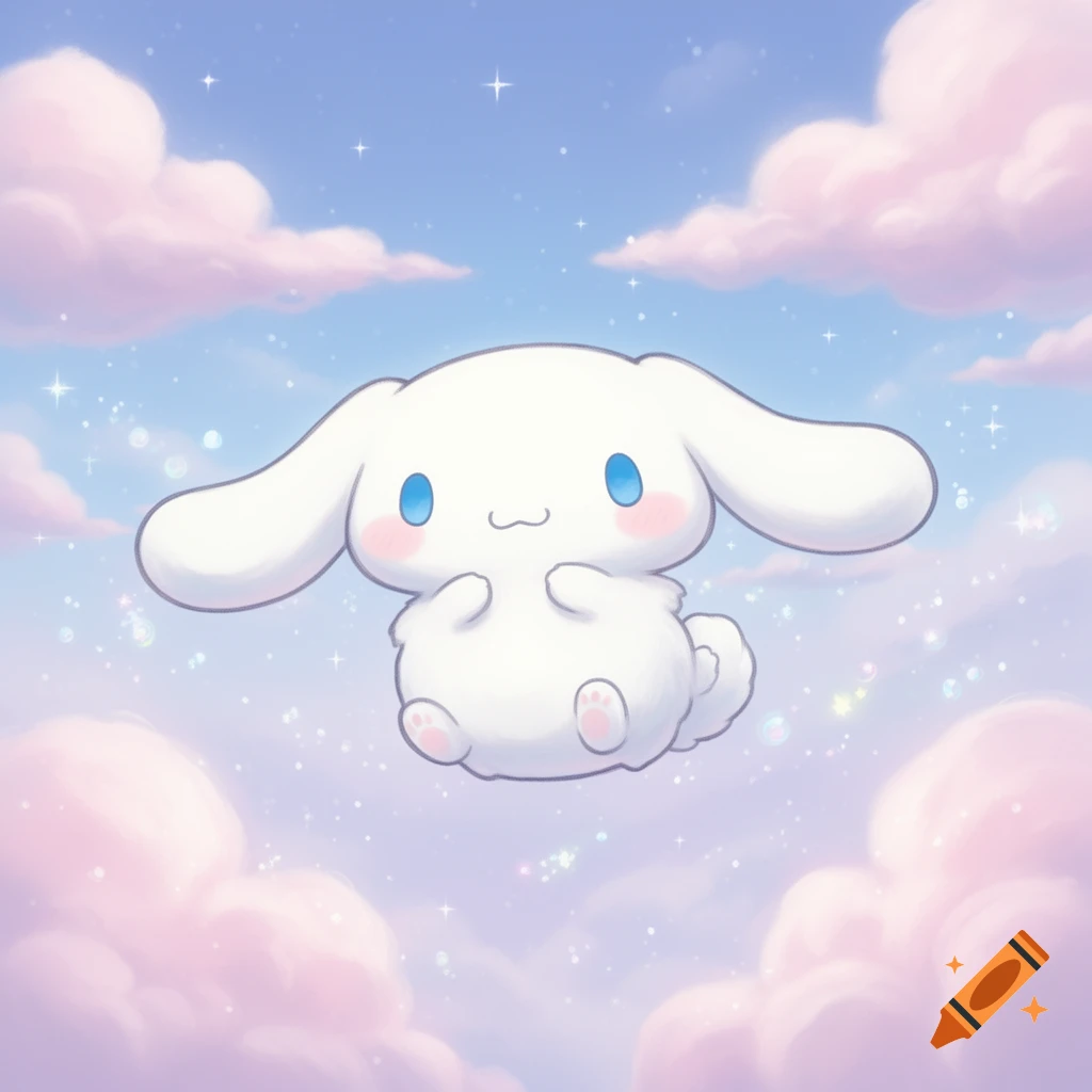 Cute Cinnamoroll character floating in a pastel blue sky with pink clouds and sparkling stars, in a cartoon style.