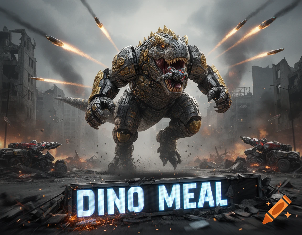 An armored dinosaur-robot charges through a ruined city, eating a small figure, with missiles flying towards it. A glowing sign in the foreground reads "DINO MEAL".