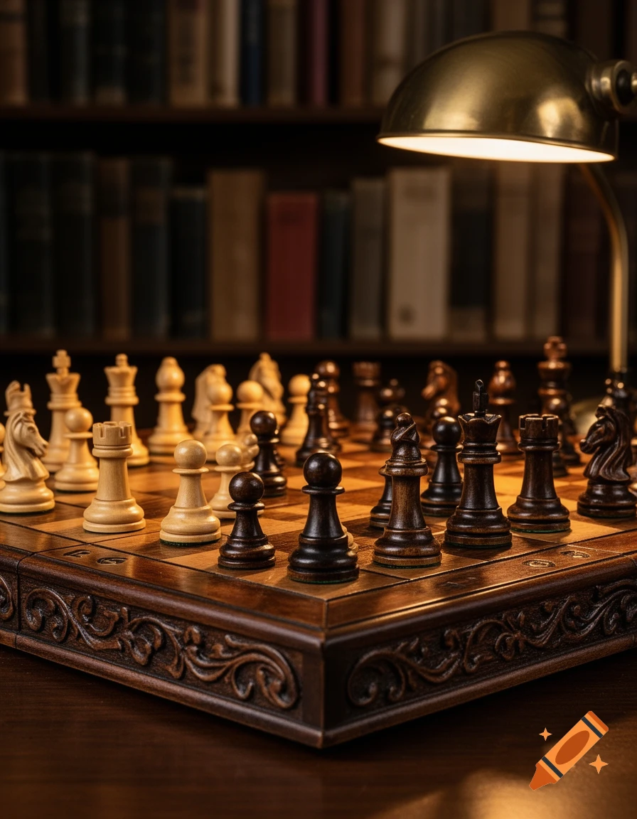 Photorealistic close-up of a wooden chess set with pieces arranged on a board, lit by a brass desk lamp in a dimly lit library.