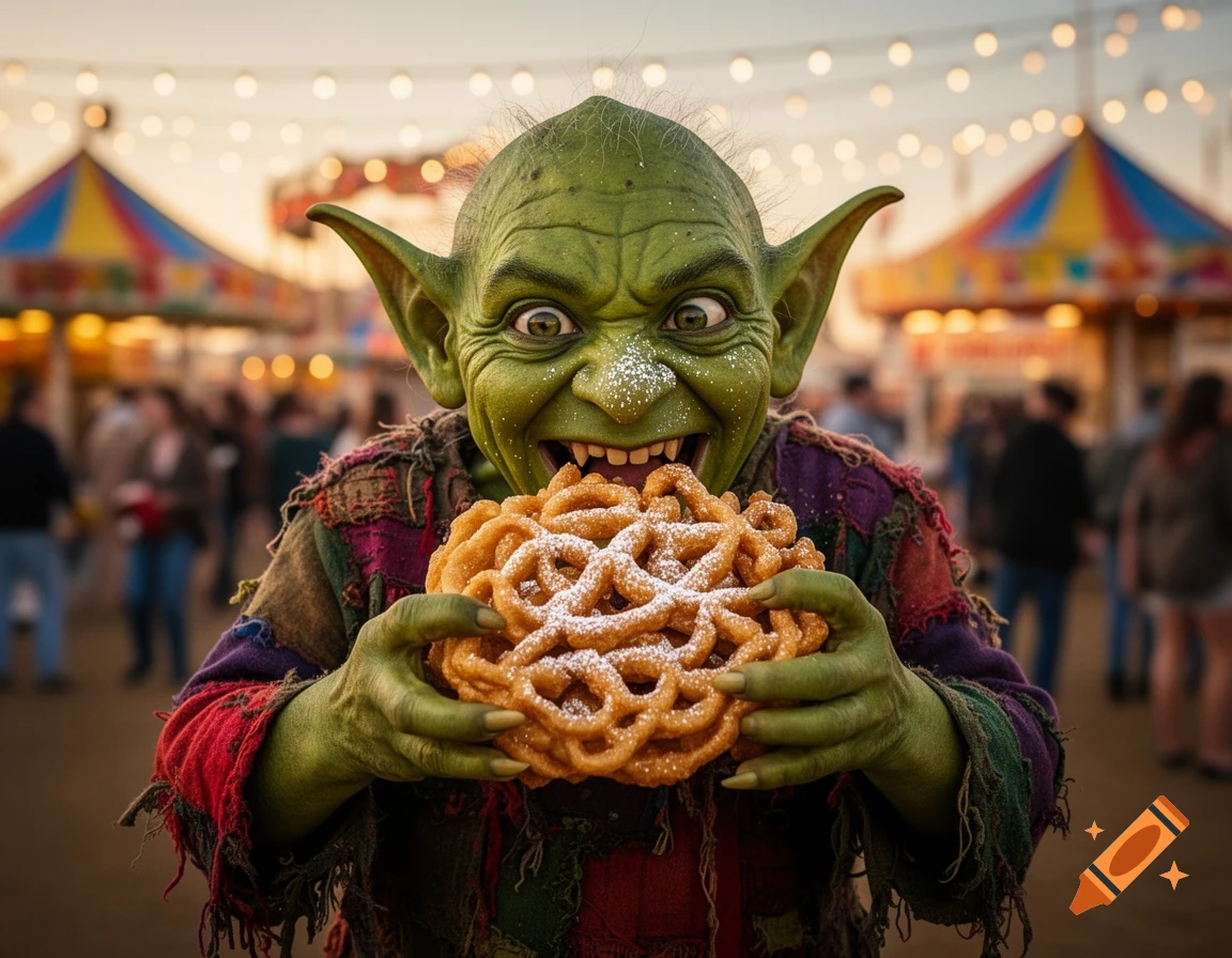 A photorealistic green goblin with a wide smile holds a powdered sugar funnel cake at a lively carnival.