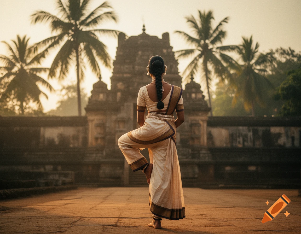 Bharatanatyam dancer from behind, posing elegantly in a temple courtyard with palm trees at sunset. Cinematic photography style.