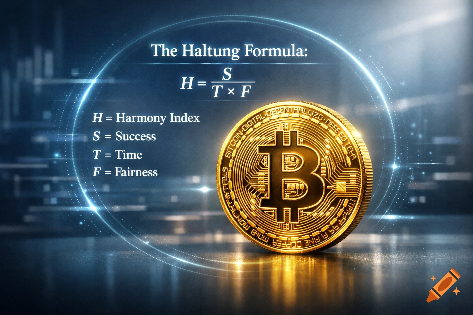 A golden Bitcoin coin sits next to a glowing blue holographic display of "The Haltung Formula" and its variables, against a dark digital background.
