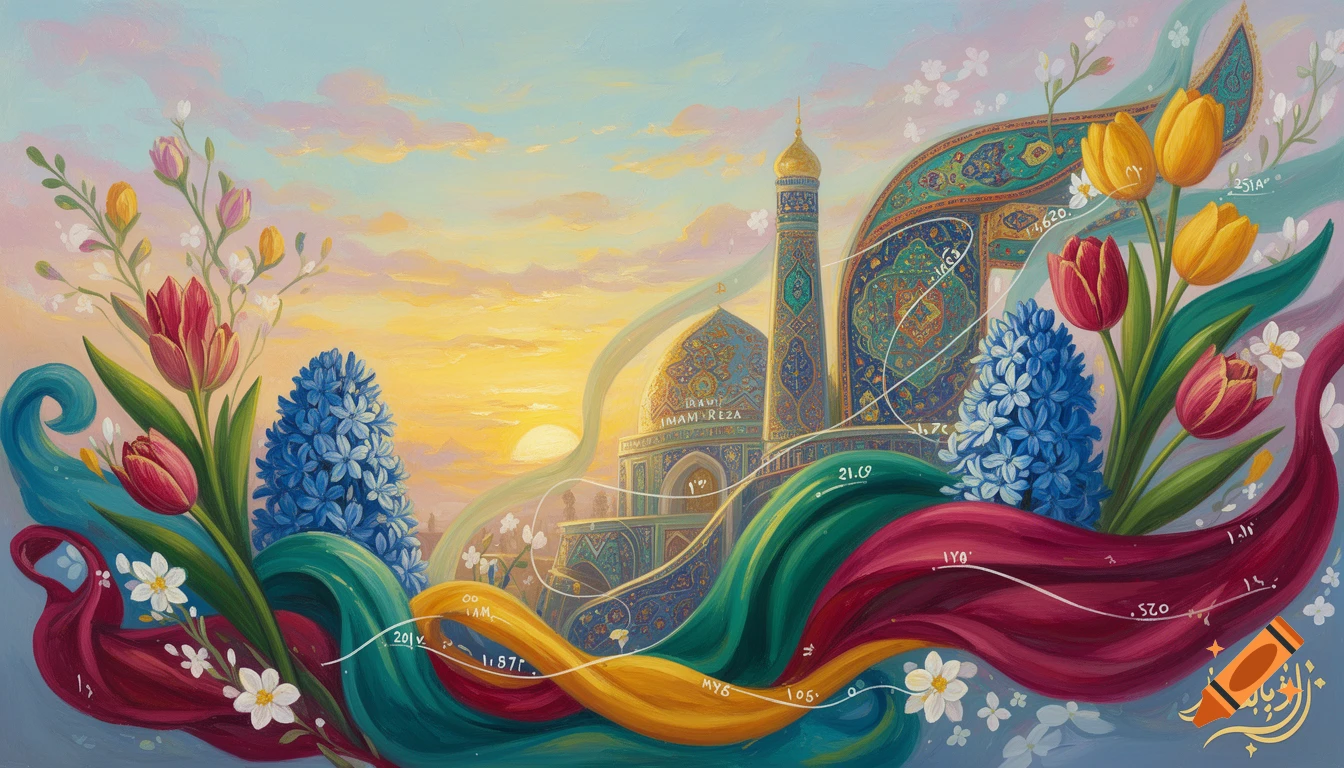 A vibrant illustration of a mosque and minaret against a sunset, adorned with colorful ribbons, tulips, and hyacinths.