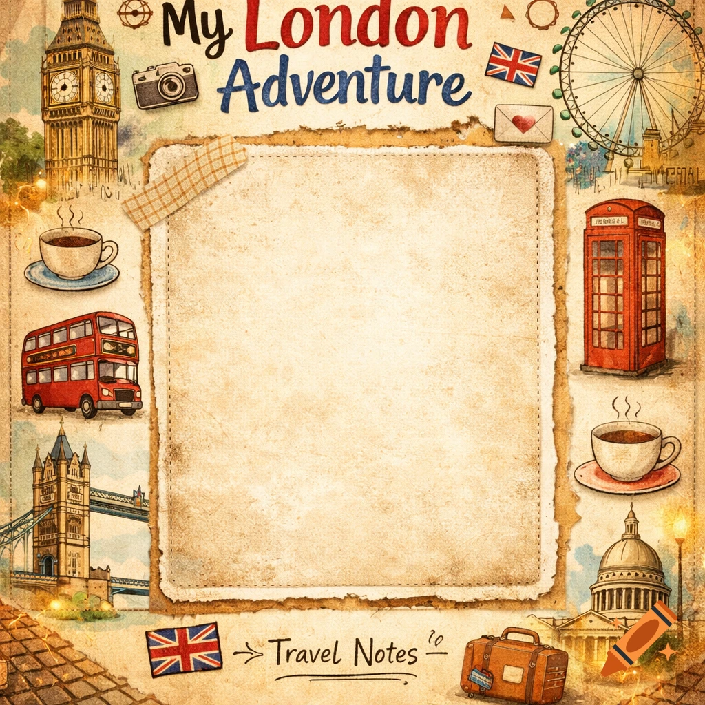 A vintage-style travel guide page for London with illustrations of landmarks surrounding a blank space.