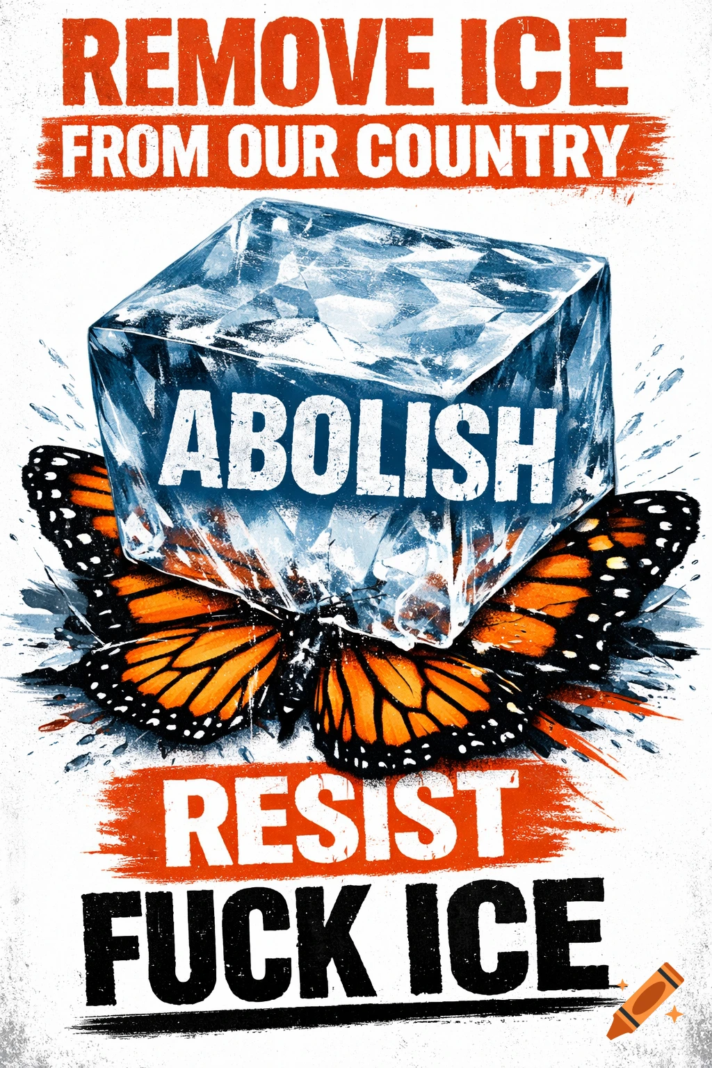 A distressed protest poster shows a large ice cube crushing a monarch butterfly, with text that reads: "REMOVE ICE FROM OUR COUNTRY", "ABOLISH", "RESIST FUCK ICE".